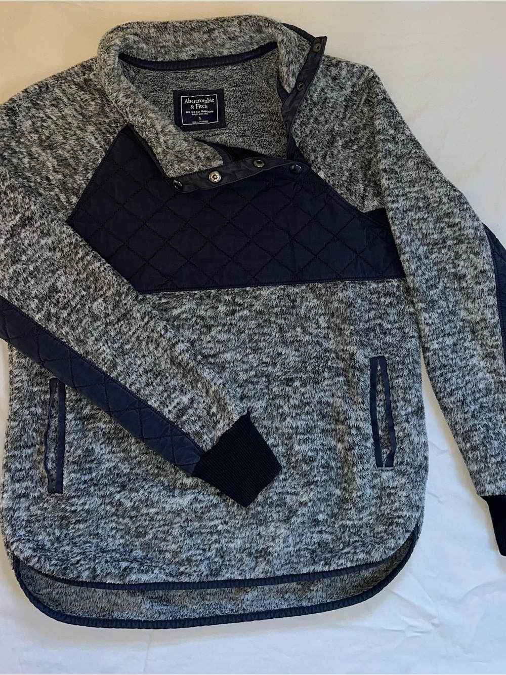 Abercrombie & Fitch Sherpa Fleece Snap Pullover Gray Navy Quilted S